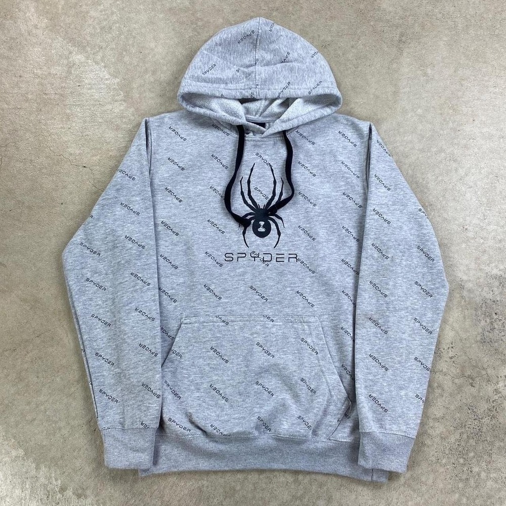 Vintage Spyder Sweatshirt Size Medium Gray All Over Print Hoodie Logo Pullover